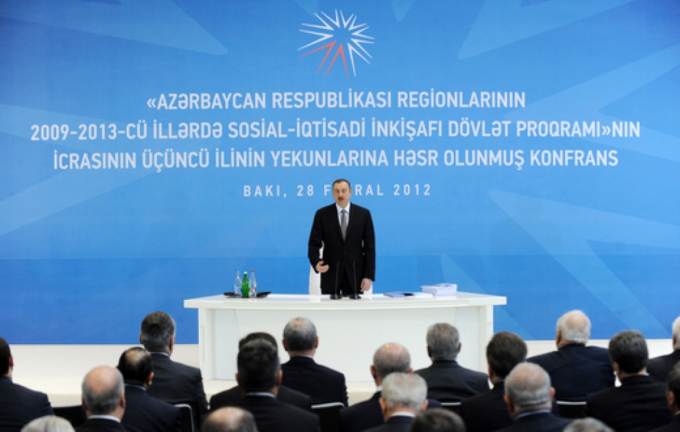 Azerbaijani President attends conference on results of 3rd year of implementation of 2009-2013 State Program on socio-economic development of regions
