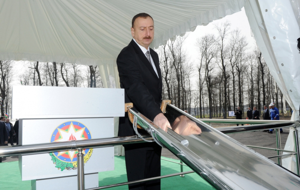 President Ilham Aliyev lays foundation stone for water and sewerage system in Masalli