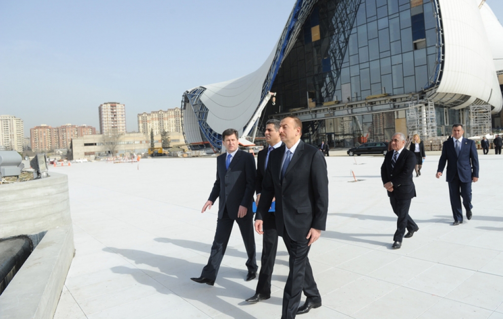 President Ilham Aliyev inspects construction progress in Heydar Aliyev Center