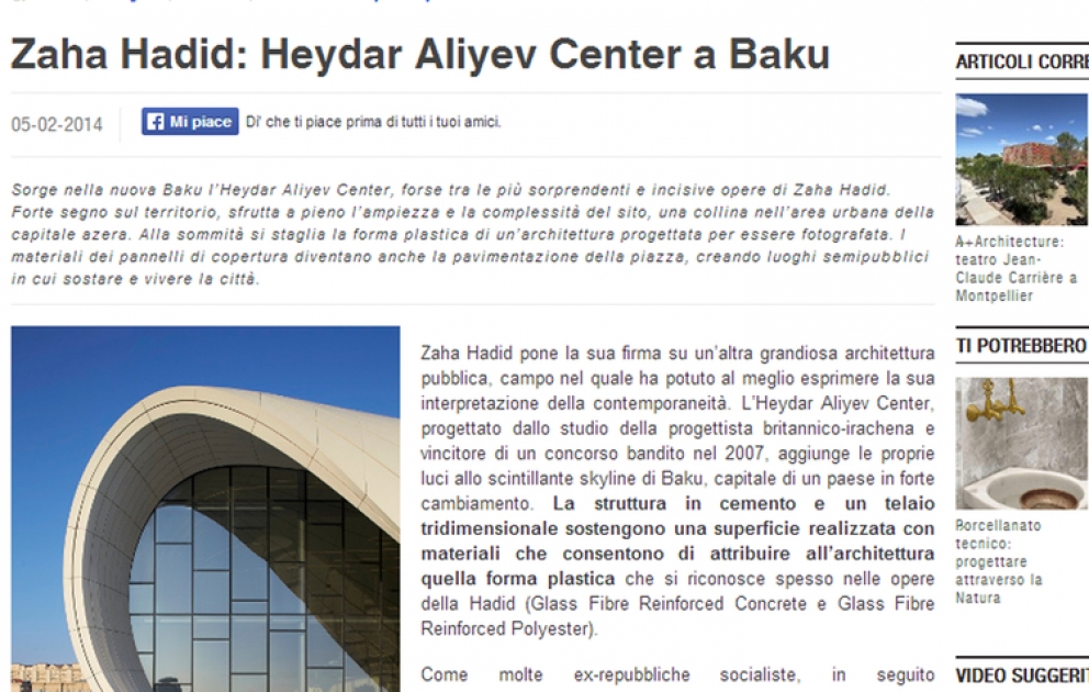 İtaliyanın “Floornature” portalında Heydər Əliyev Mərkəzi ilə bağlı məqalə yerləşdirilib