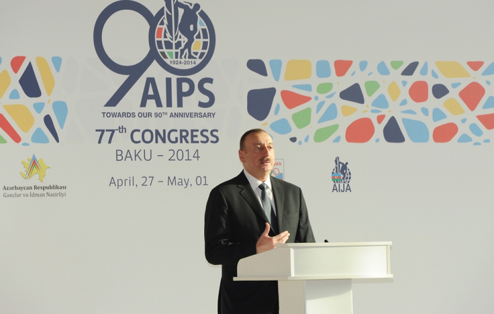 Zu Ehren der Teilnehmer des 77. Kongresses von AIPS ein Empfang gegeben Präsident von Aserbaidschan Ilham Aliyev nahm an der Zeremonie teil