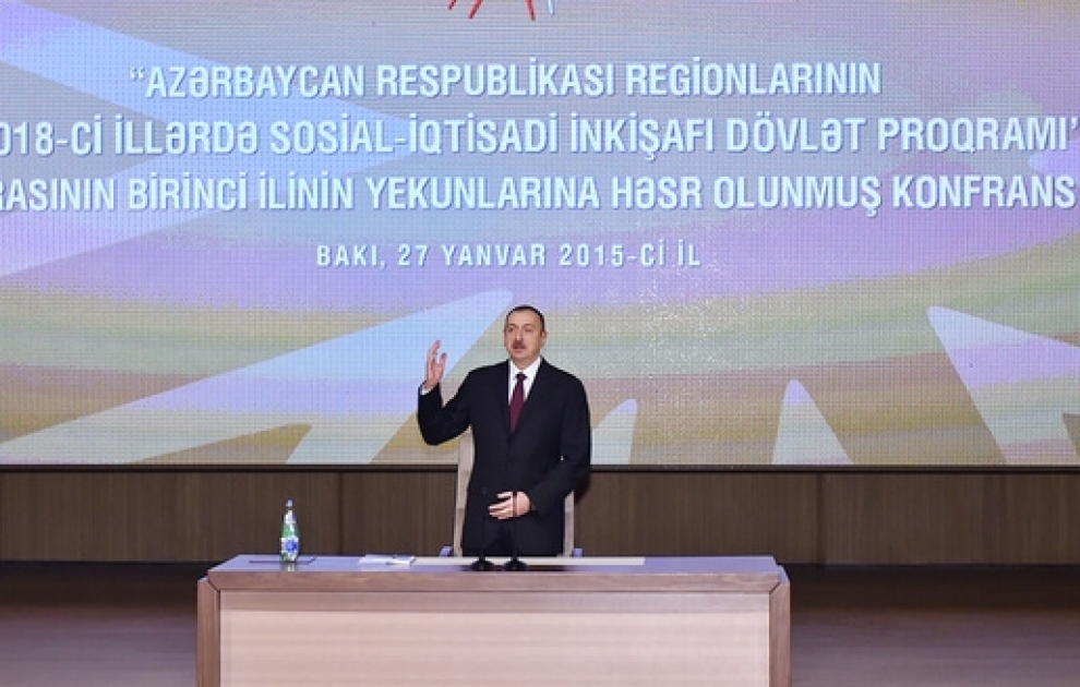Prezident İlham Əliyev regionların 2014-2018-ci illərdə sosial-iqtisadi inkişafı Dövlət Proqramının icrasının birinci ilinin yekunlarına həsr olunan konfransda iştirak edib