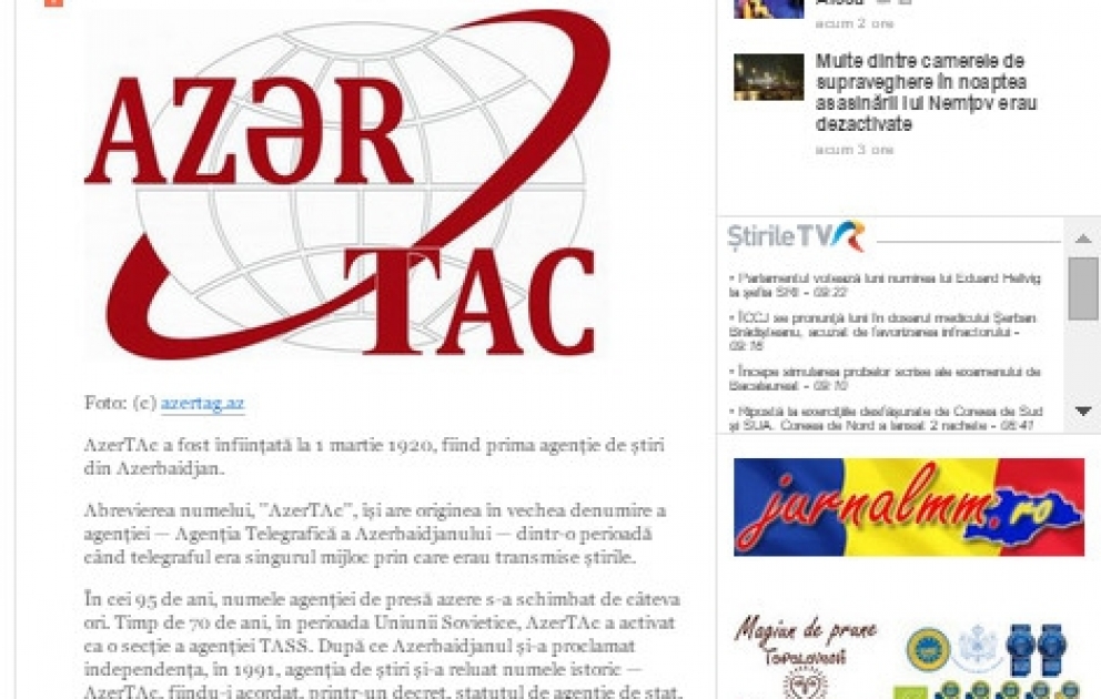 Rumıniyanın milli informasiya agentliyi AZƏRTAC-ın 95 illik fəaliyyətindən yazdı