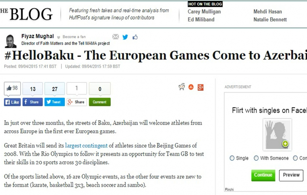 «Huffington Post» о Европейских играх в Азербайджане