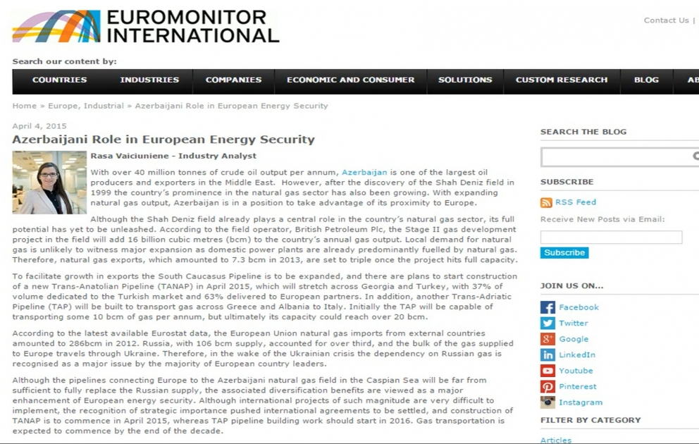 Euromonitor International рассказал о роли азербайджанского газа в энергобезопасности Европы