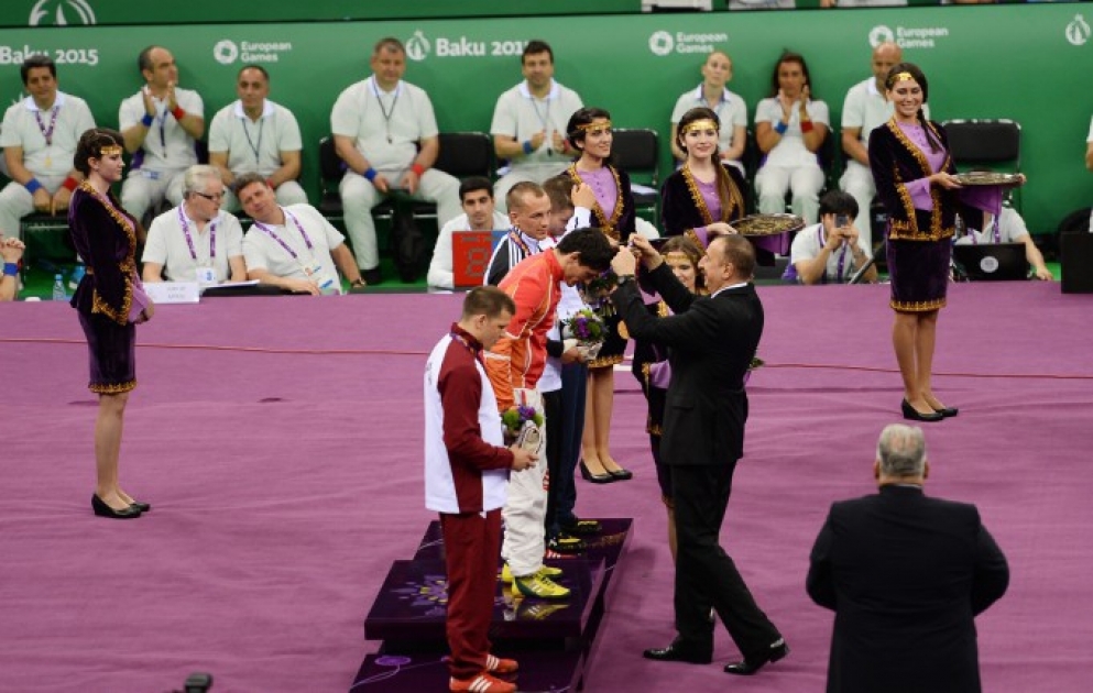 Greco-Roman wrestler Rasul Chunayev added another gold to Azerbaijan`s medal count at the First European Games 
He received the gold medal from President Ilham Aliyev