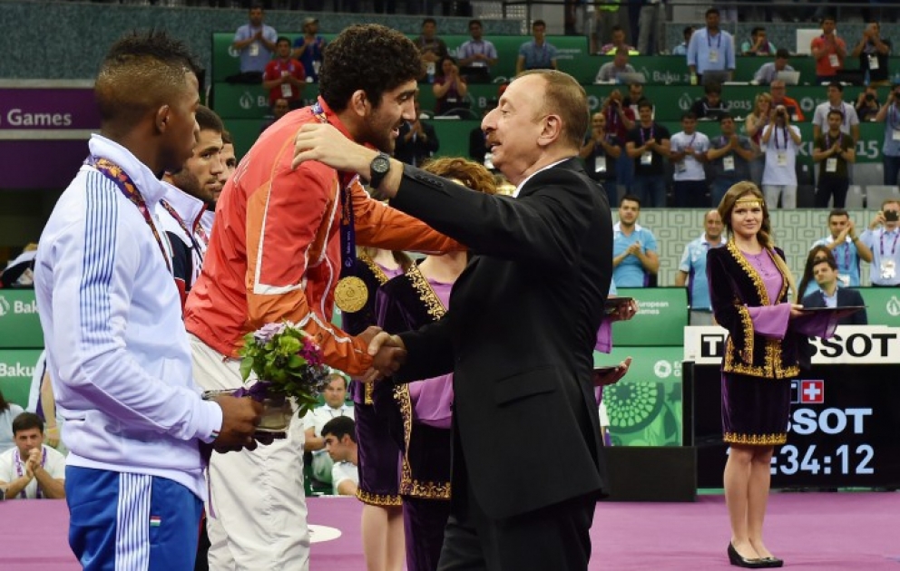 First European Games champion Toghrul Asgarov received his gold medal from President Ilham Aliyev