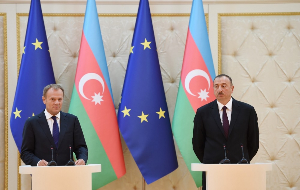 Conférence de presse conjointe du président Ilham Aliyev et du président du Conseil européen Donald Tusk