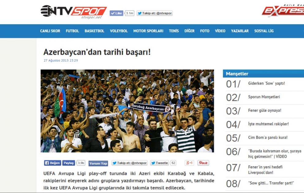 “Qarabağ” və “Qəbələ”nin uğuru Türkiyə mətbuatında