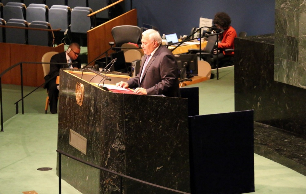 Vorsitzenden von Milli Medschlis Ogtay Asadov tritt auf der Weltkonferenz der Parlamentspräsidenten in New York auf