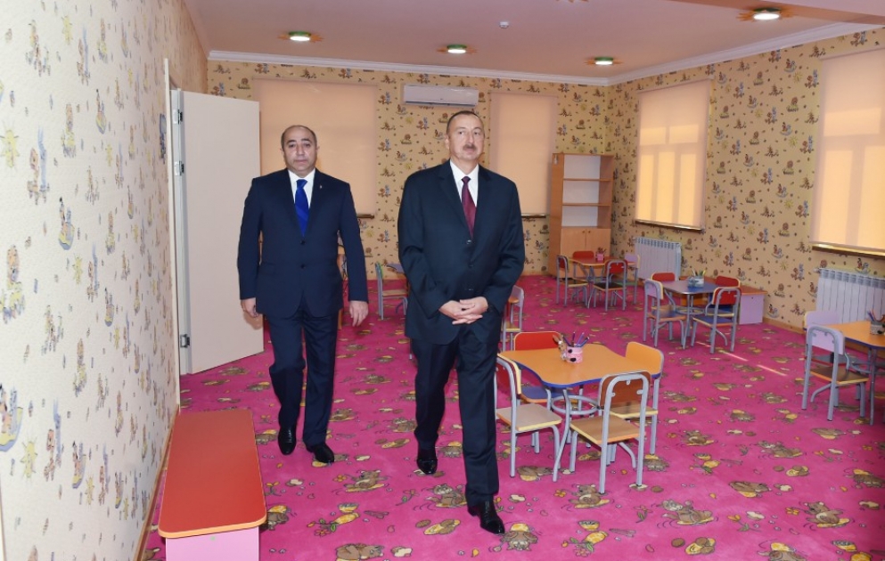 Президент Ильхам Алиев принял участие в открытии яслей-детского сада в Кюрдамире