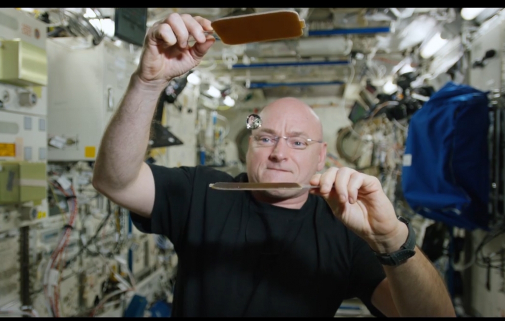 American astronaut plays ping-pong with a ball of water