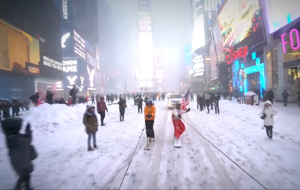 Snowboarding through New York streets