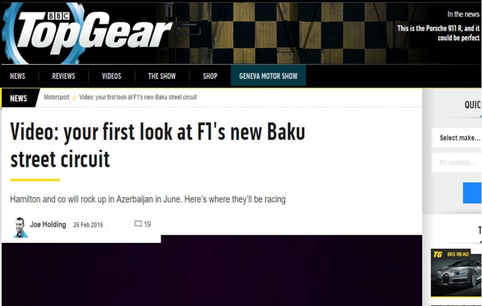“BBC Top Gear” portalı Bakıda keçiriləcək “Formula-1” yarışlarından yazıb