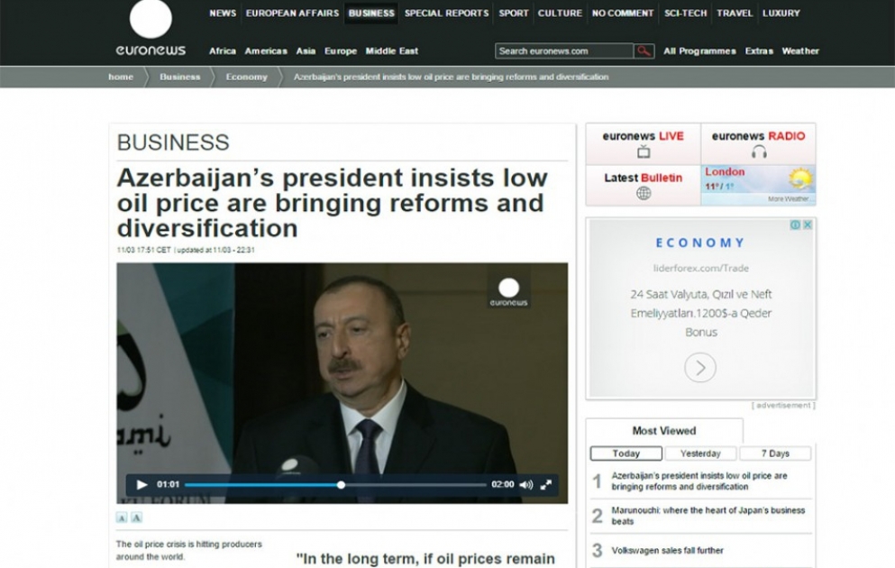 «Euronews» распространил интервью Президента Ильхама Алиева