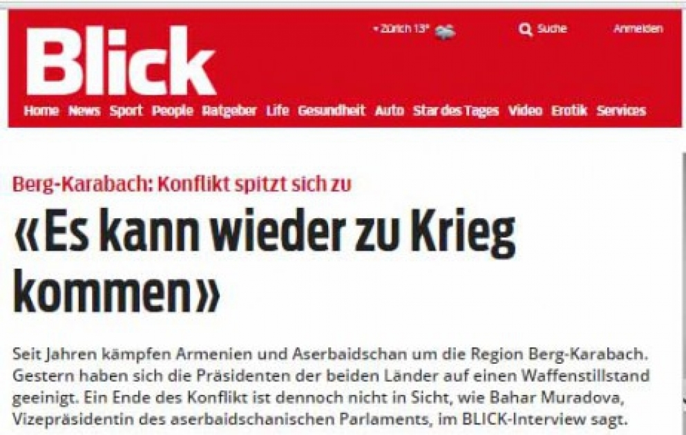 Milli Məclis sədrinin müavini İsveçrənin “Blick” qəzetinə müsahibəsində Azərbaycan həqiqətlərindən danışıb