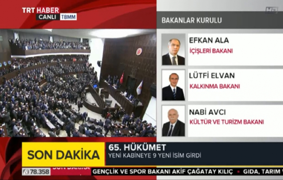 Türkiyənin 65-ci hökumətinin tərkibi təsdiqləndi