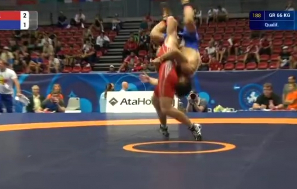An acrobatic move from a Turkish wrestler