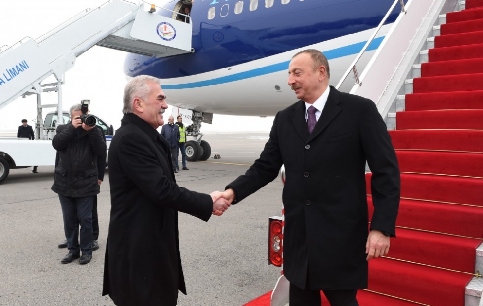 Aserbaidschans Präsident Ilham Aliyev zu einem Besuch in der Autonomen Republik Nachitschewan angekommen