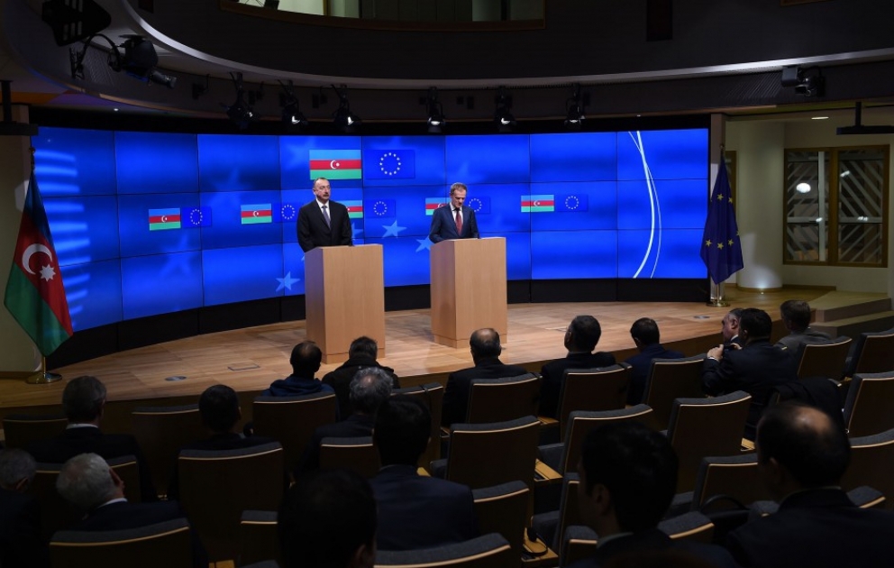 Pressekonferenz von Präsident Ilham Aliyev und dem Präsidenten des Europäischen Rates Donald Tusk