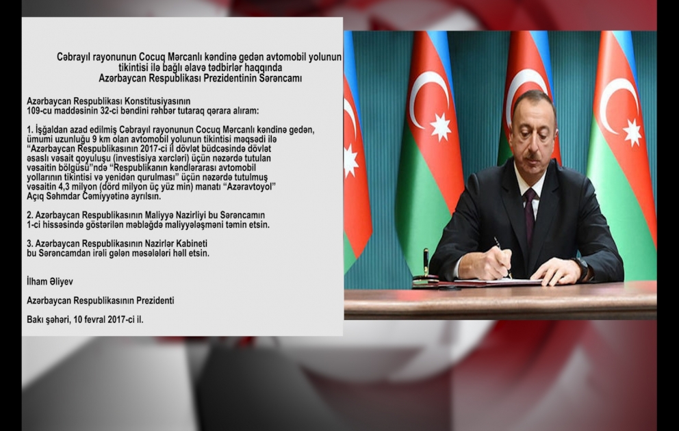 Sərəncam: Cocuq Mərcanlı kəndinə gedən avtomobil yolunun tikintisinə 4,3 milyon manat ayrılıb