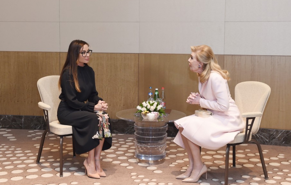 Erste Vizepräsidentin Mehriban Aliyeva trifft sich mit Botschafterin des guten Willens von UNESCO Marianna Vardinoyannis