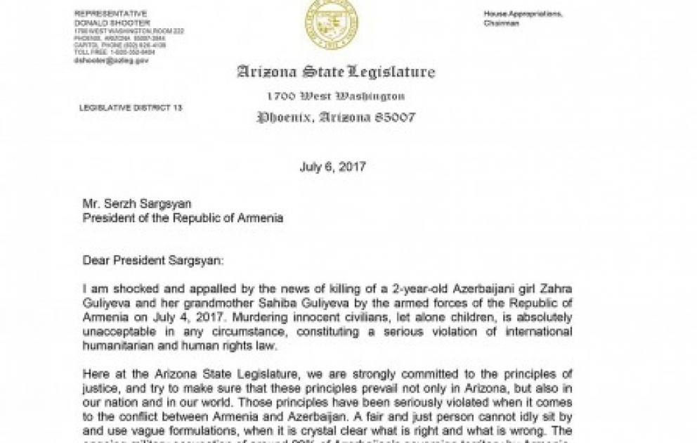 Balaca Zəhranın öldürülməsi ilə bağlı ABŞ-ın Arizona Nümayəndələr Palatasının üzvü Ermənistan prezidentinə açıq məktub göndərib