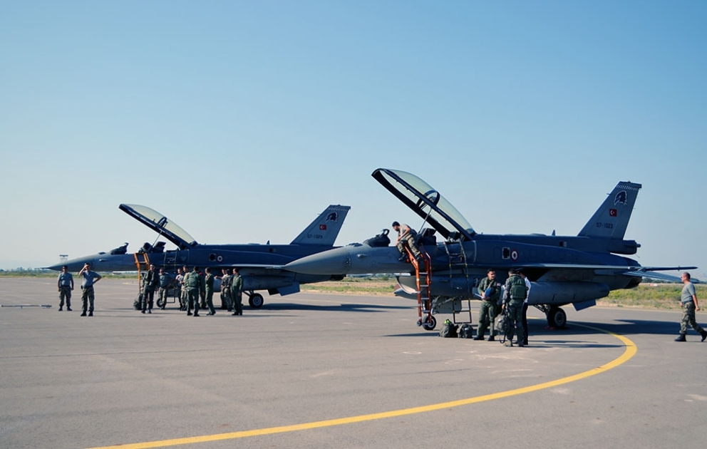 F-16 Fighter aircrafts of Turkish Air Force participating in "TurAz Qartalı-2017" exercises arrived in Azerbaijan