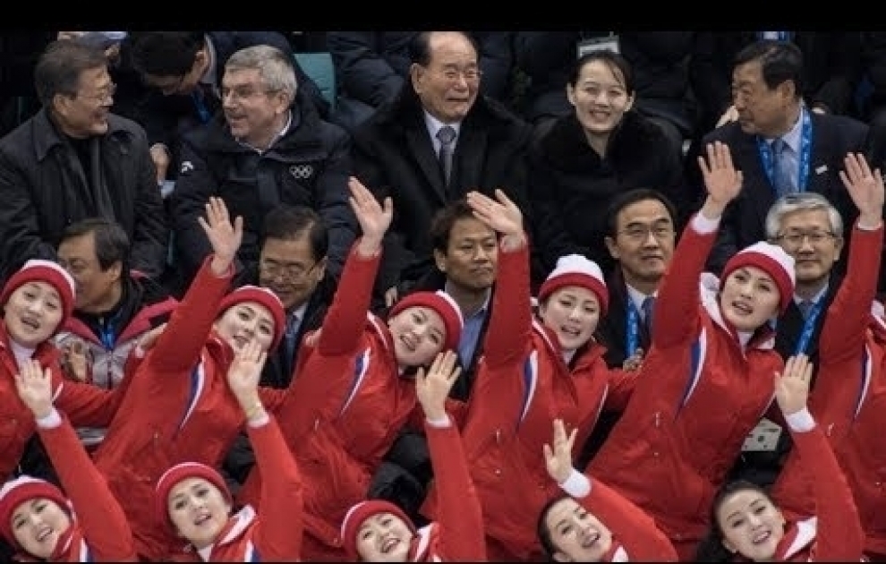 Winter Olympics 2018: North Korean 'army of beauties' filmed performing their cheerleading duties in perfect unison at ice hockey