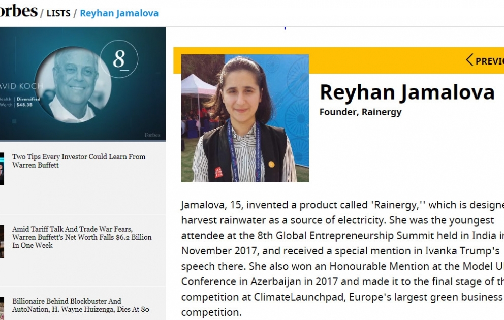 Junge aserbaidschanische Erfinderin  in die "Forbes"-Liste aufgenommen