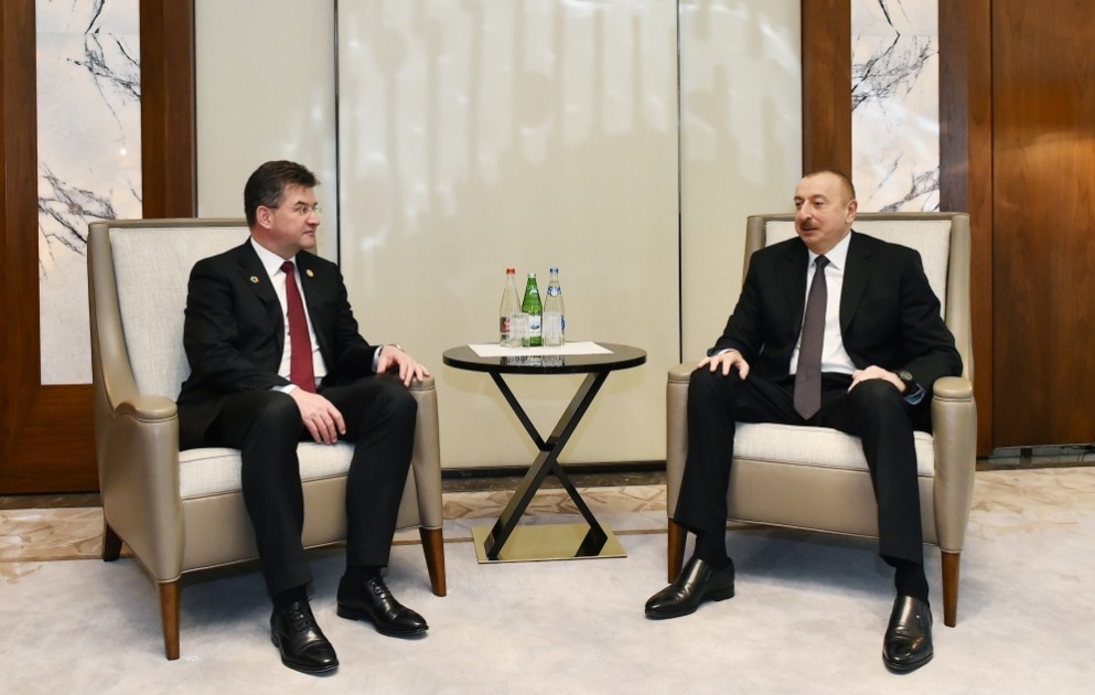 Treffen von Präsident Aserbaidschans Ilham Aliyev und Präsident der UN-Generalversammlung
