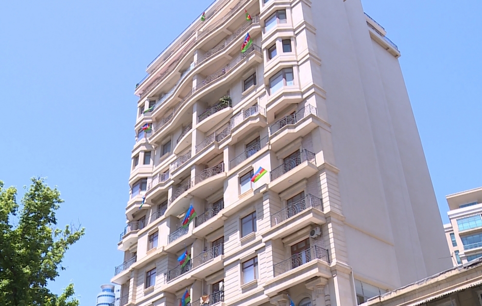 Buildings decorated with Azerbaijani flag in Baku
