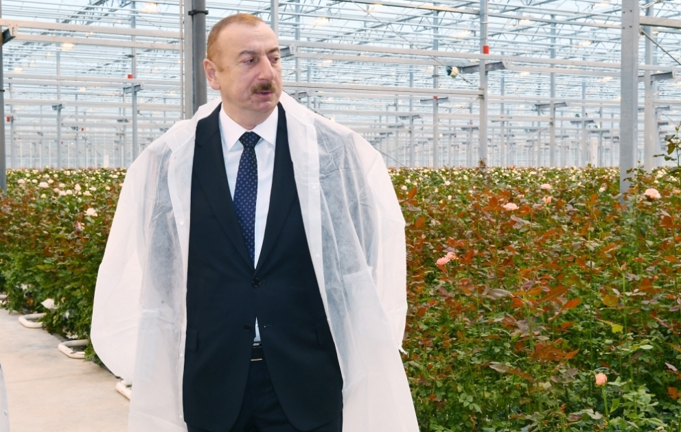 Le président Ilham Aliyev visite une serre aux fleurs à Guébélé