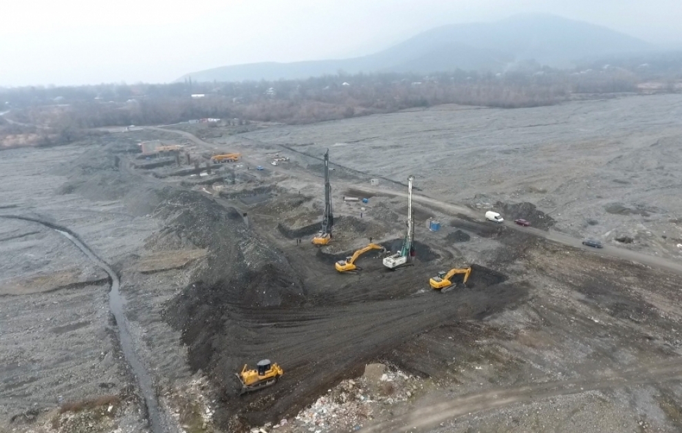 Construction of a new bridge underway over the Bum River in Gabala