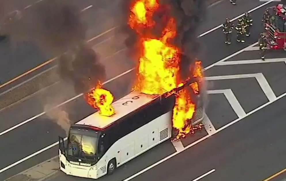 Firefighters responded after a bus burst into flames around rush hour on a New Jersey interstate