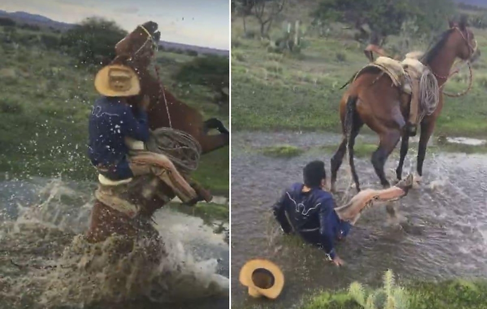 Всадник не удержался в седле у поскользнувшегося на воде коня