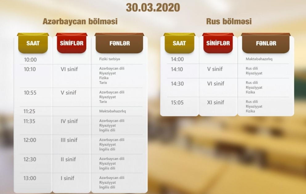 Teledərslərin yeni cədvəli açıqlanıb