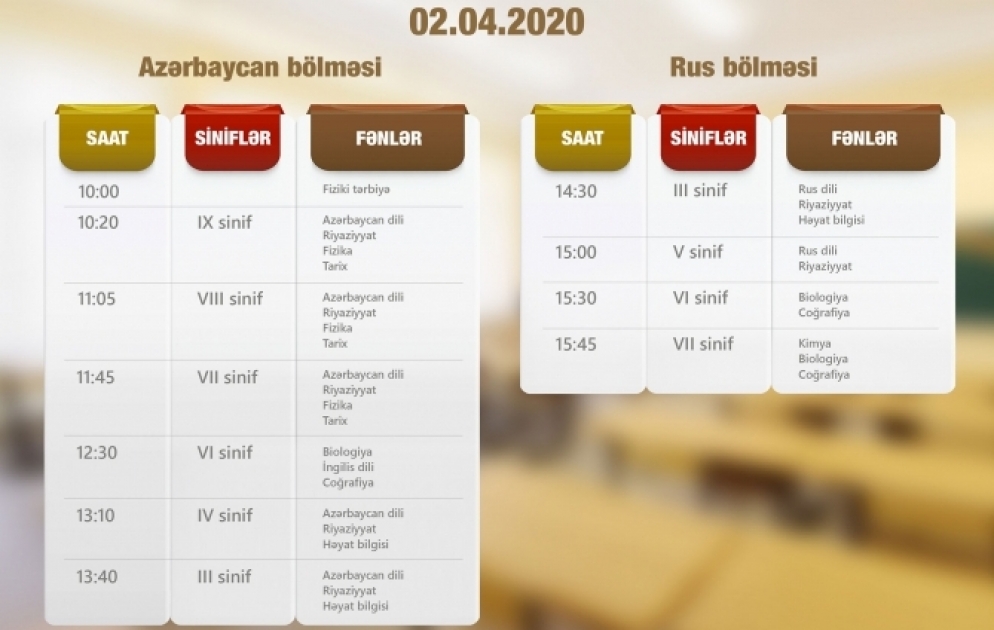 Aprelin 2-si üçün teledərslərin cədvəli müəyyənləşdirilib