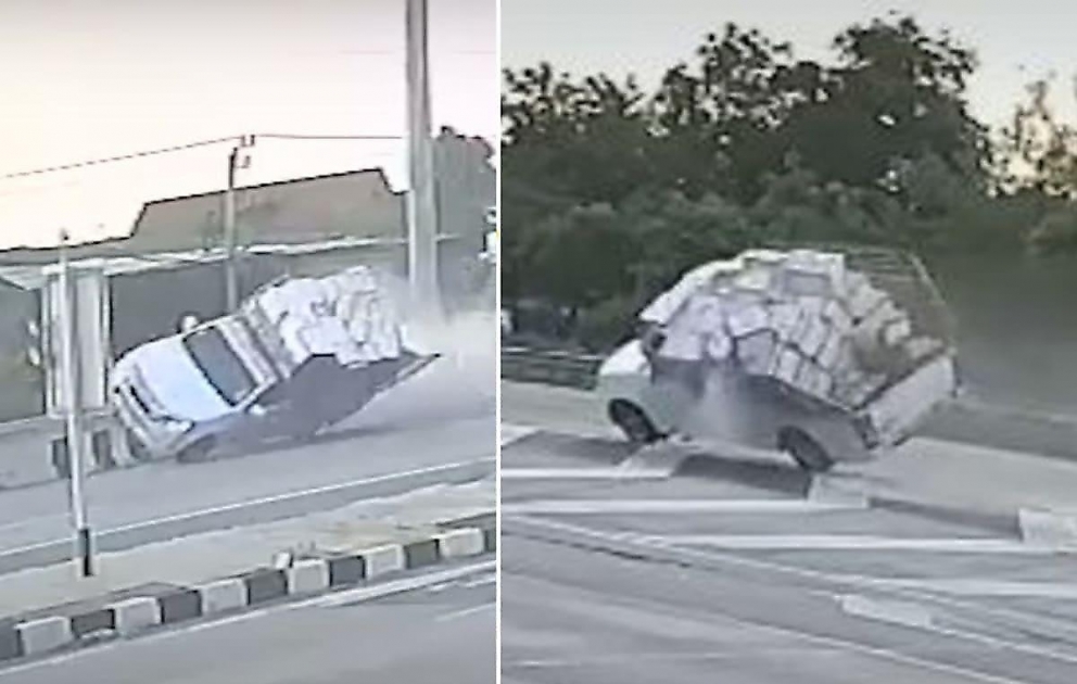 Seriously Skilful Driver Avoids Flipping Truck After Hitting Barrier