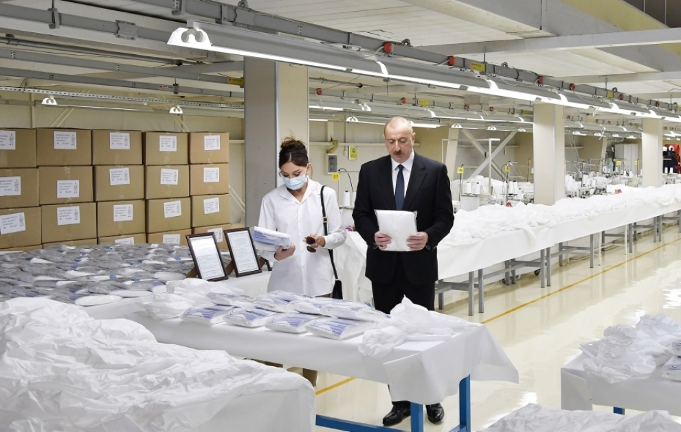 President Ilham Aliyev and first lady Mehriban Aliyeva attended opening of face mask factory and protective coverall plant in Sumgayit