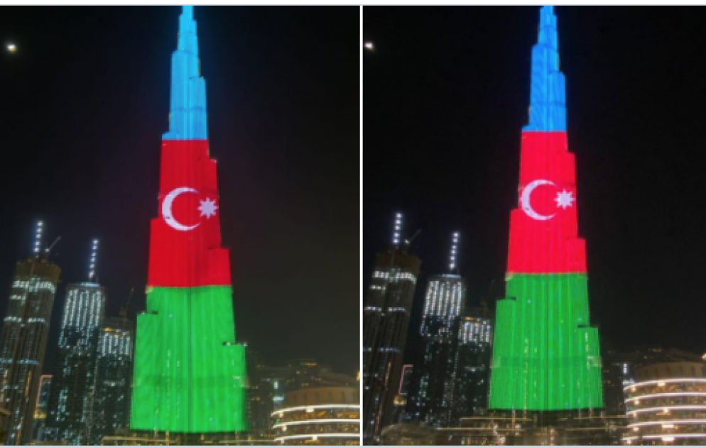 World’s tallest tower Burj Khalifa in Dubai illuminated with the flag of Azerbaijan