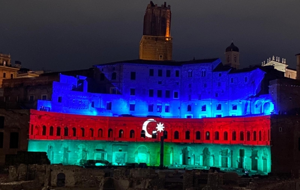 Mercati di Traiano monumental complex of Ancient Rome lit with colors of Azerbaijani flag
