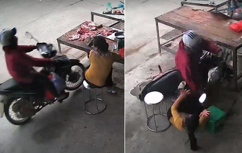 Motorcyclist Runs into Butcher Table in Close Call