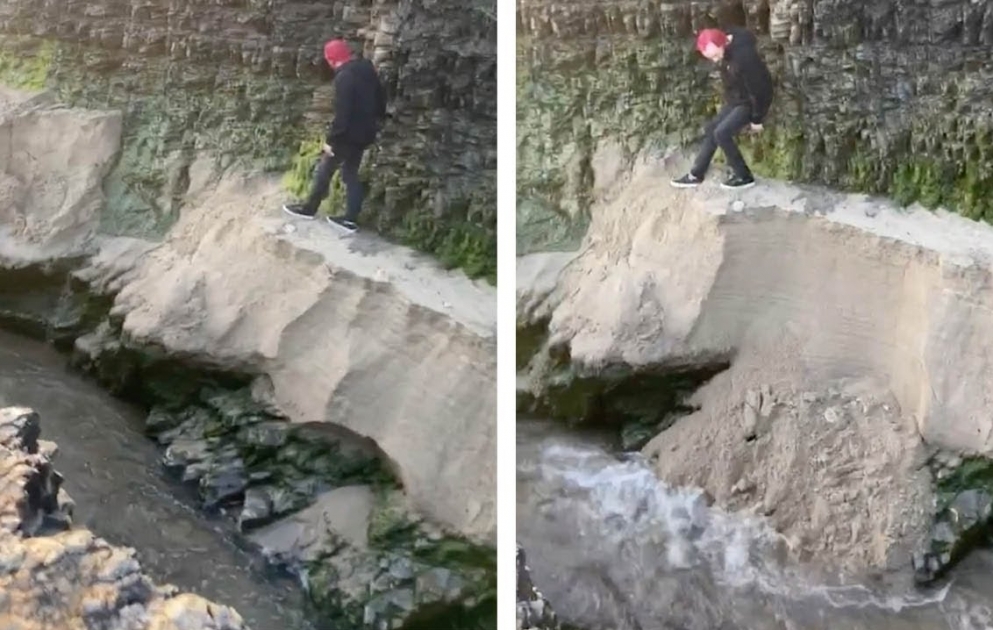 Lad Nearly Falls Into Water After Rockslide