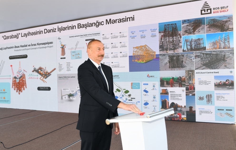 Prezident İlham Əliyev “Qarabağ” yatağının dayaq blokunun dənizə yola salınması mərasimində iştirak edib