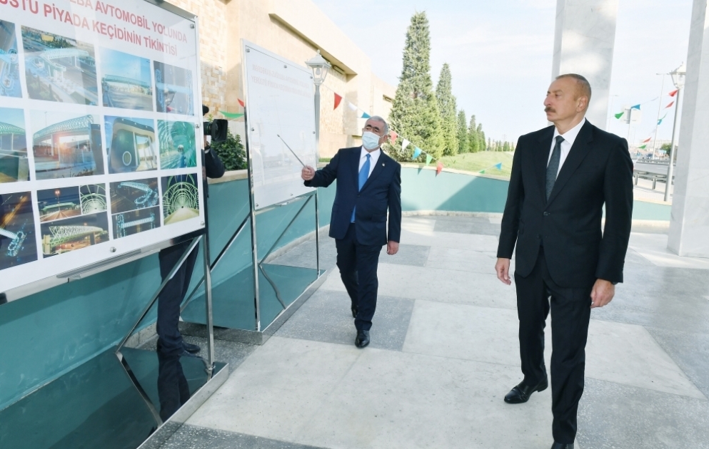 Президент Ильхам Алиев принял участие в открытии надземного пешеходного перехода на автодороге Мардакян-Загульба