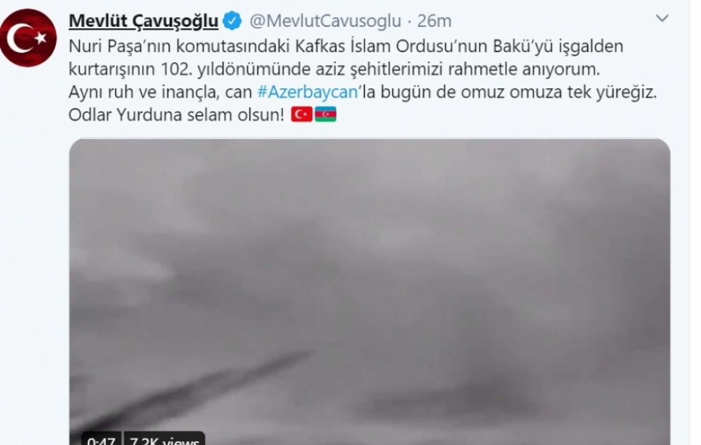 Mövlud Çavuşoğlu: Azərbaycanla bu gün də çiyin-çiyinə, tək ürəyik