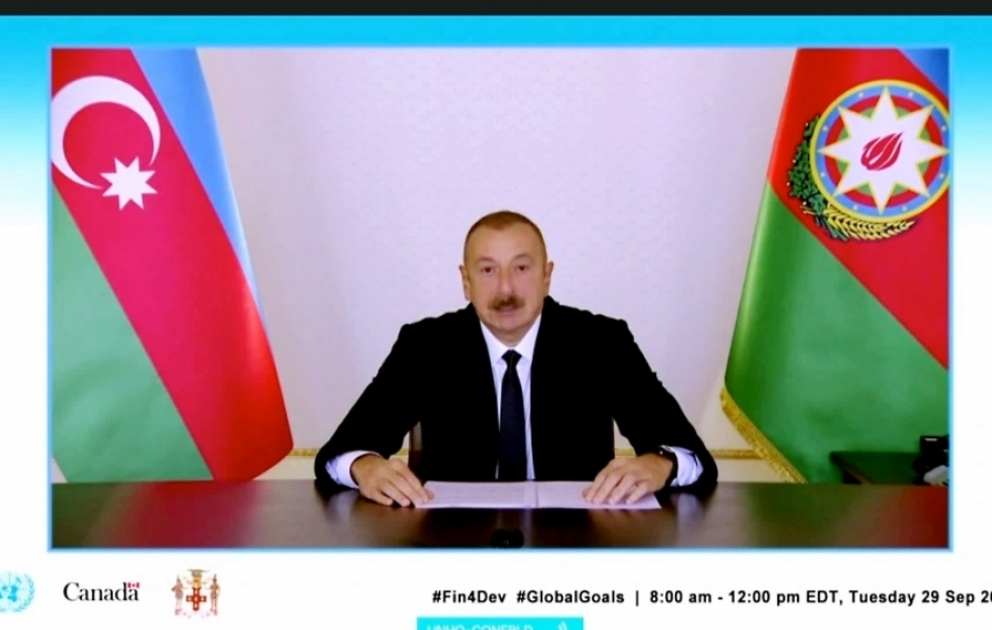 Президент Ильхам Алиев выступил в видеоформате на заседании глав государств и правительств на тему «Финансирование Повестки дня в области Целей устойчивого развития на период до 2030 года во время COVID-19 и в последующий период»