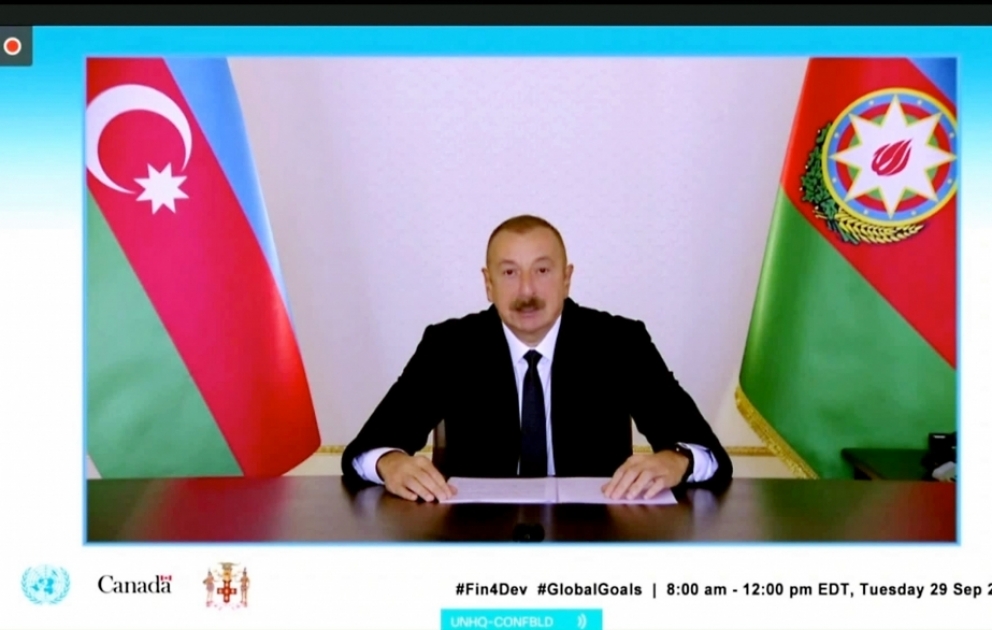 Präsident Ilham Aliyev hielt eine Rede bei einem Treffen von Staats- und Regierungschefs im Videoformat zum Thema ”Finanzierung der Agenda 2030 für nachhaltige Entwicklung während und nach der Corona-Pandemie“