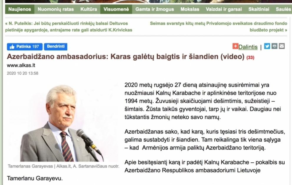 Azərbaycan səfiri Litva mətbuatına müsahibəsində Ermənistanın son hərbi təxribatlarından danışıb